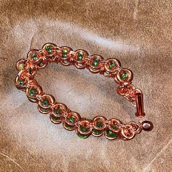 Chunky Copper & Glass Bead Handmade Bracelet - Picture 2 of 10